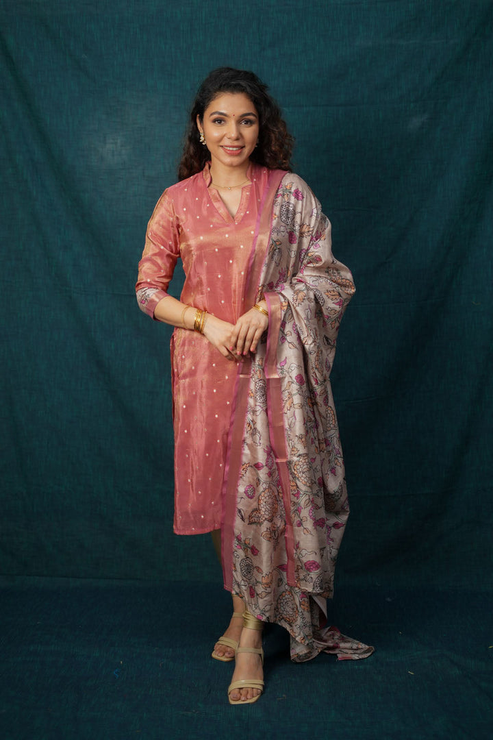 Charita Rust Pink Chanderi Kurta with Kalamkari Dupatta | SHOBITAM