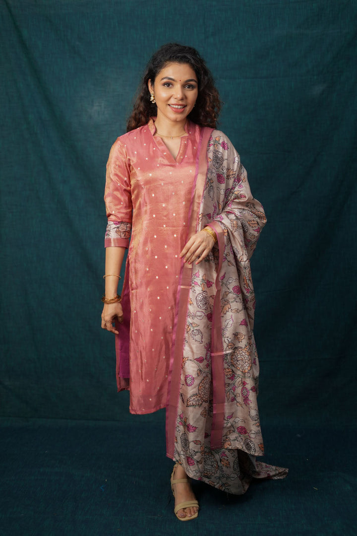 Charita Rust Pink Chanderi Kurta with Kalamkari Dupatta | SHOBITAM