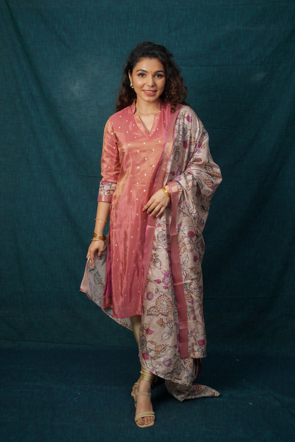 Charita Rust Pink Chanderi Kurta with Kalamkari Dupatta | SHOBITAM