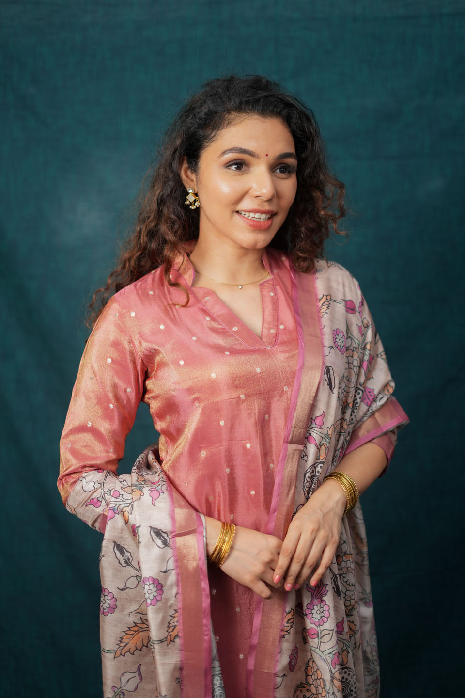 Charita Rust Pink Chanderi Kurta with Kalamkari Dupatta | SHOBITAM