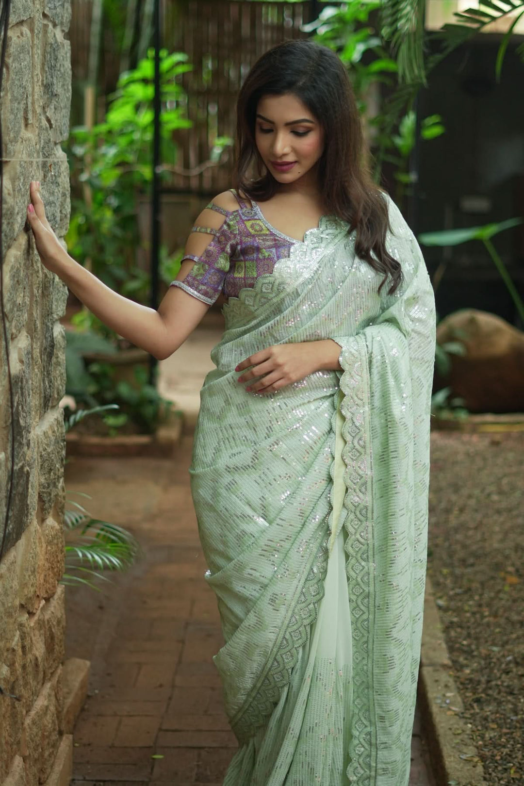 Full Sequins Embellished Georgette Saree in Sage Green with Scalloped border