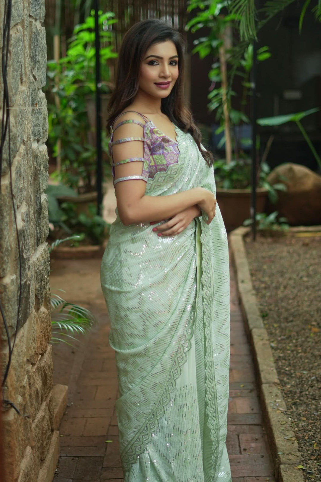 Full Sequins Embellished Georgette Saree in Sage Green with Scalloped border