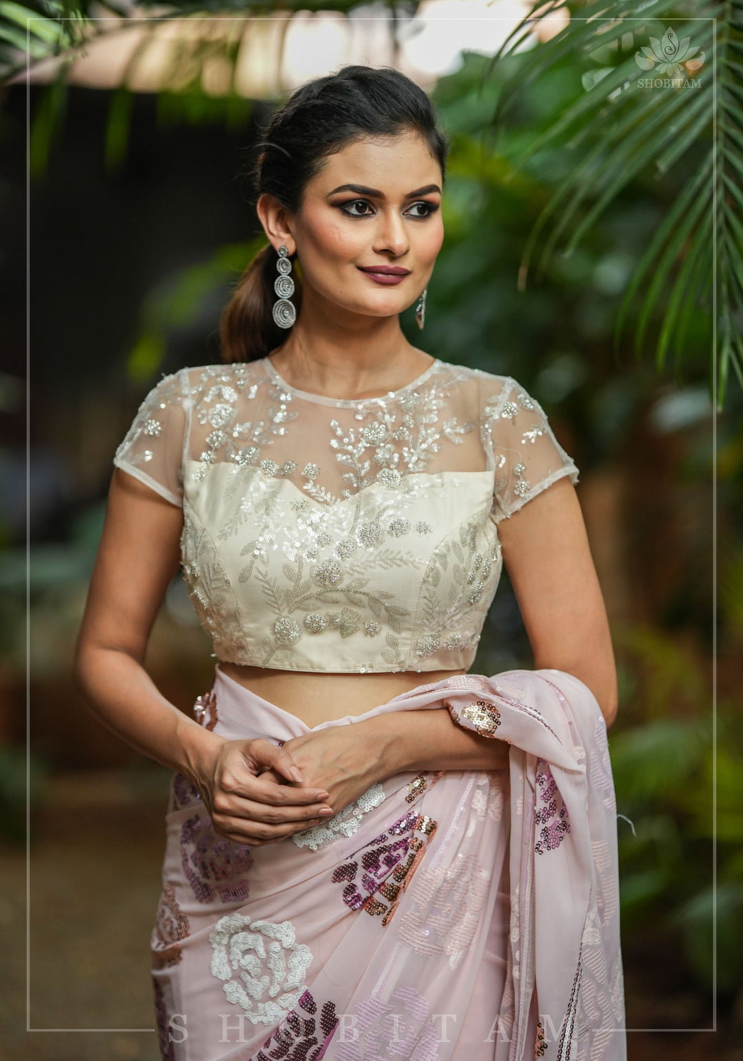 Stunning Ivory Net Blouse with Sheer Yoke and Shimmering Floral Design Sequins