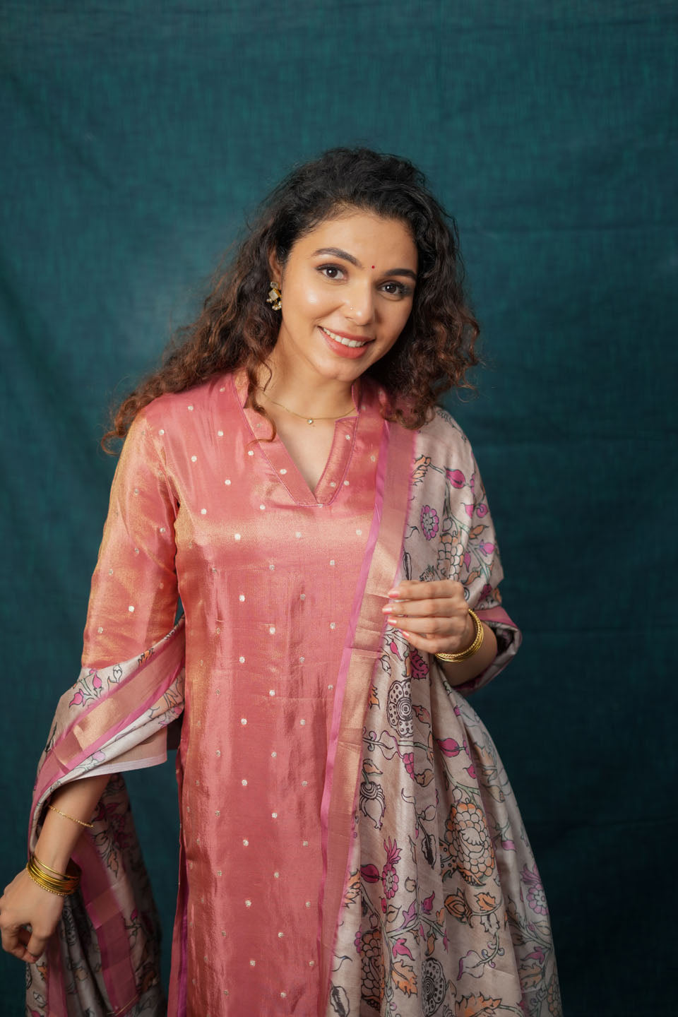 Charita Rust Pink Chanderi Kurta with Kalamkari Dupatta | SHOBITAM