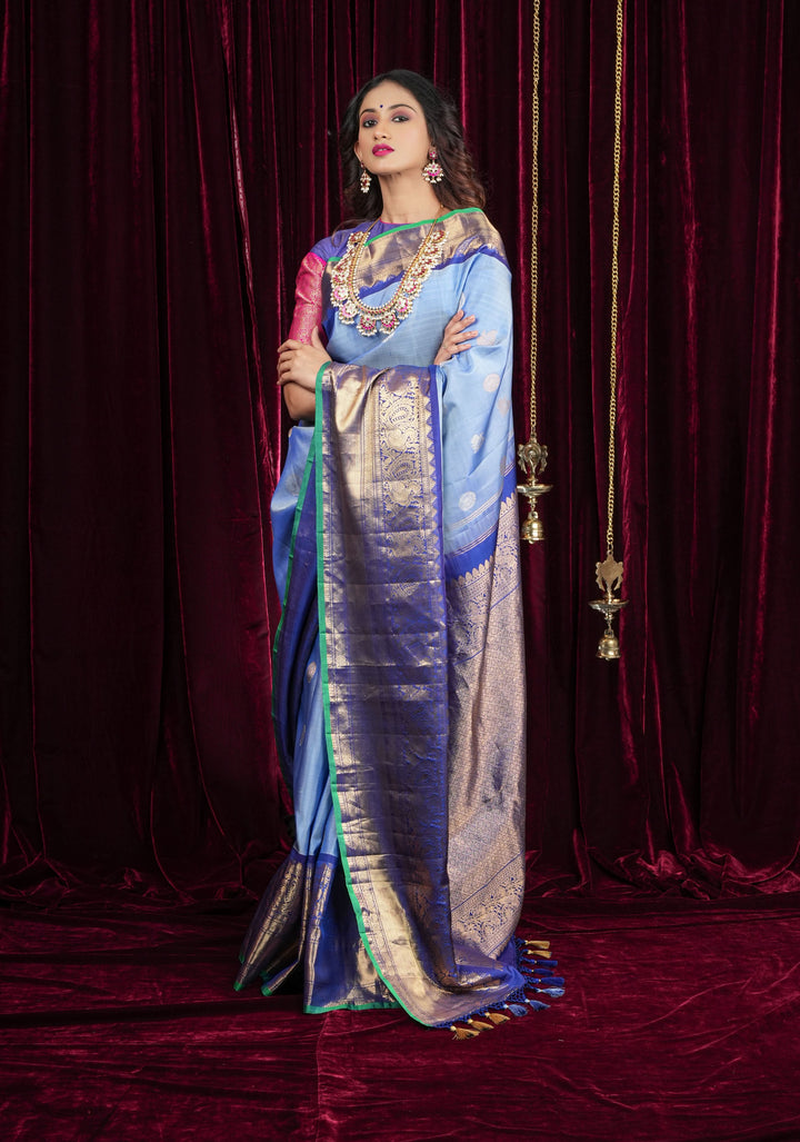 Gray Authentic Handloom Gadwal Pure Silk Saree with Gold-Silver Buttas and Contrast Wide Zari Border | SILK MARK CERTIFIED | SHOBITAM