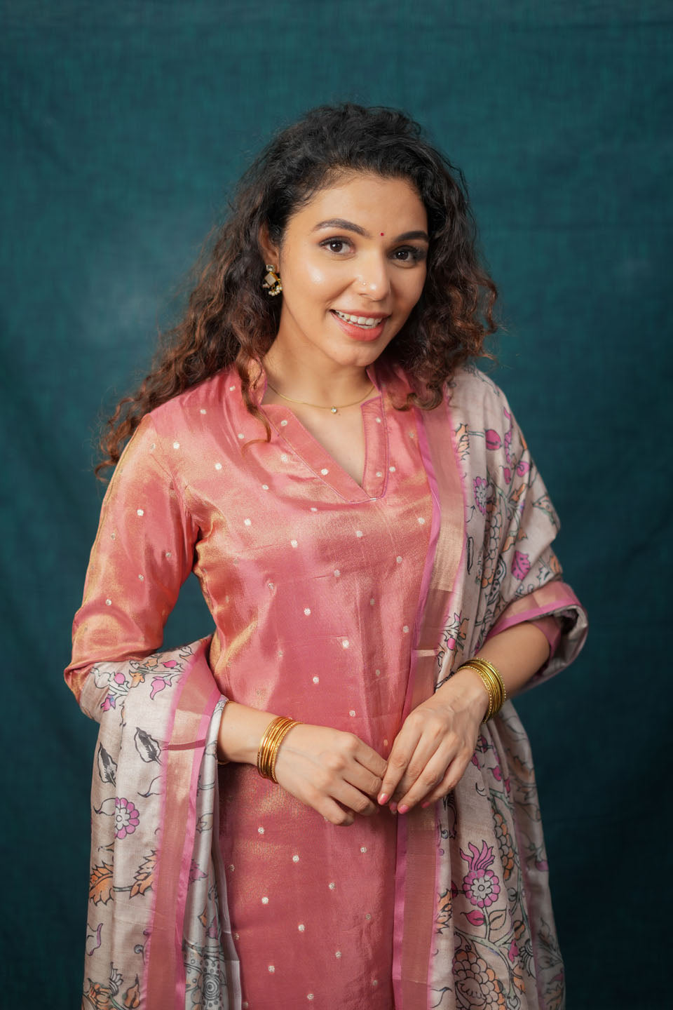 Charita Rust Pink Chanderi Kurta with Kalamkari Dupatta | SHOBITAM