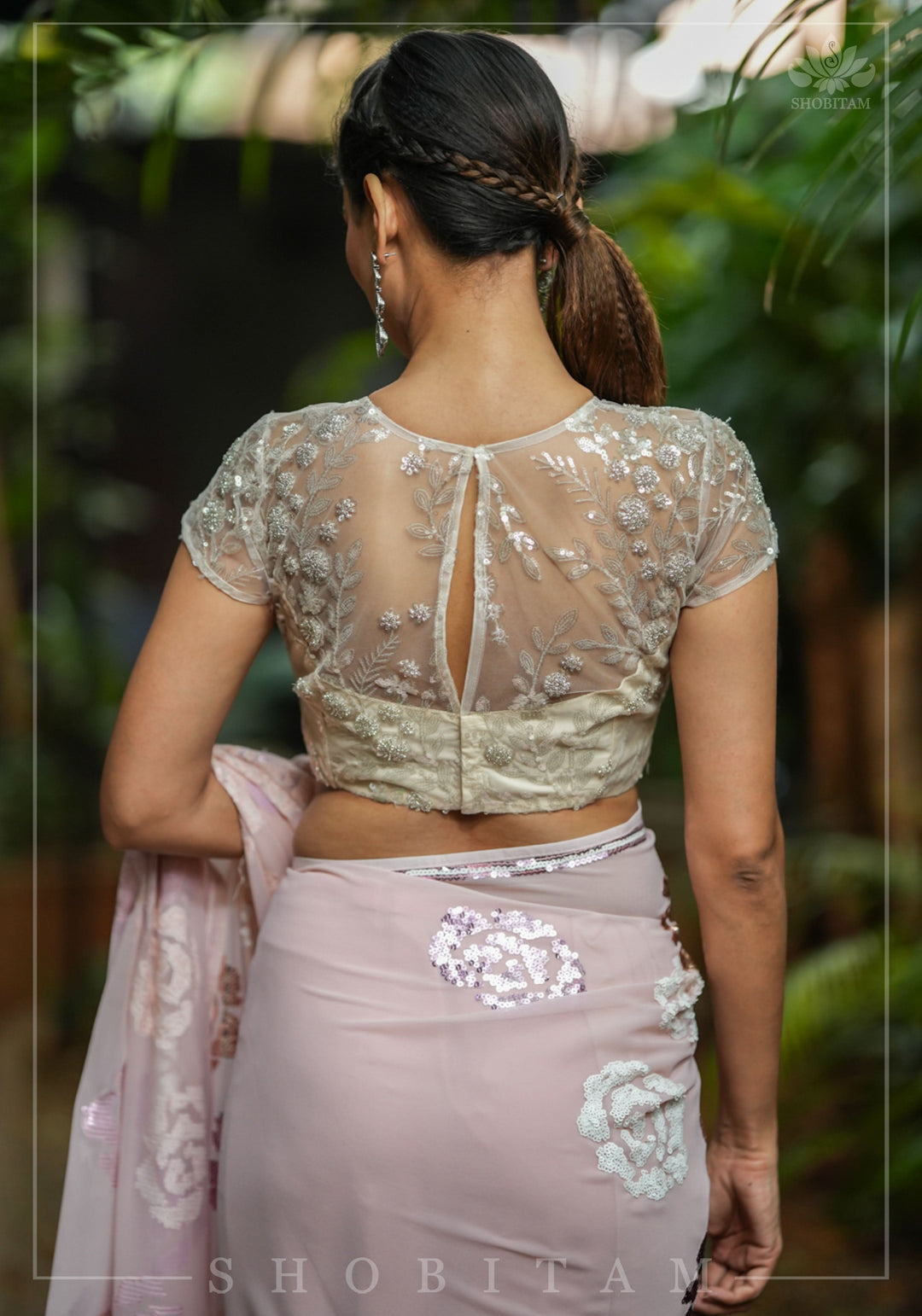 Stunning Ivory Net Blouse with Sheer Yoke and Shimmering Floral Design Sequins