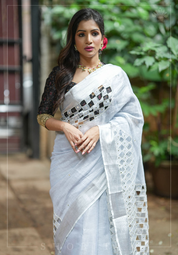Silver Cutwork and Mirror Work Tissue Linen Saree in White Silver