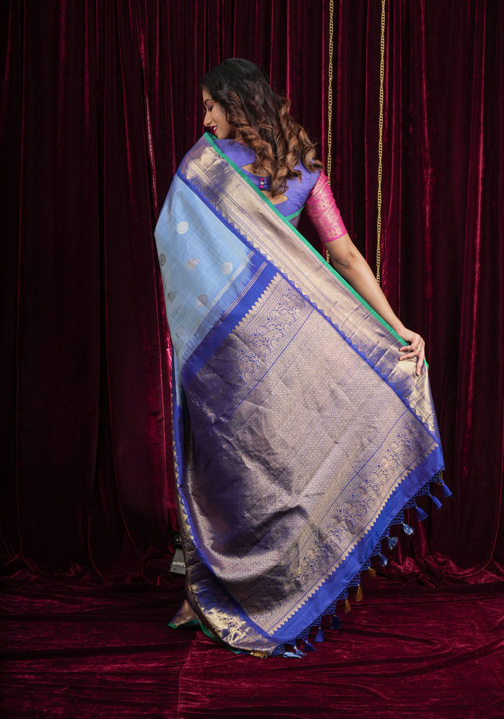Gray Authentic Handloom Gadwal Pure Silk Saree with Gold-Silver Buttas and Contrast Wide Zari Border | SILK MARK CERTIFIED | SHOBITAM