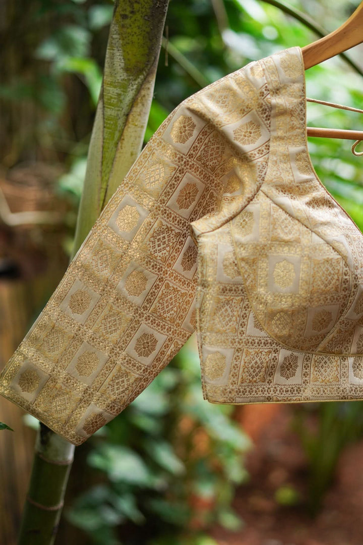 Ivory Patola Design Brocade Mix and Match Blouse with 3/4 sleeve for saree, Made to Order