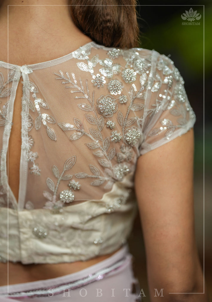 Stunning Ivory Net Blouse with Sheer Yoke and Shimmering Floral Design Sequins