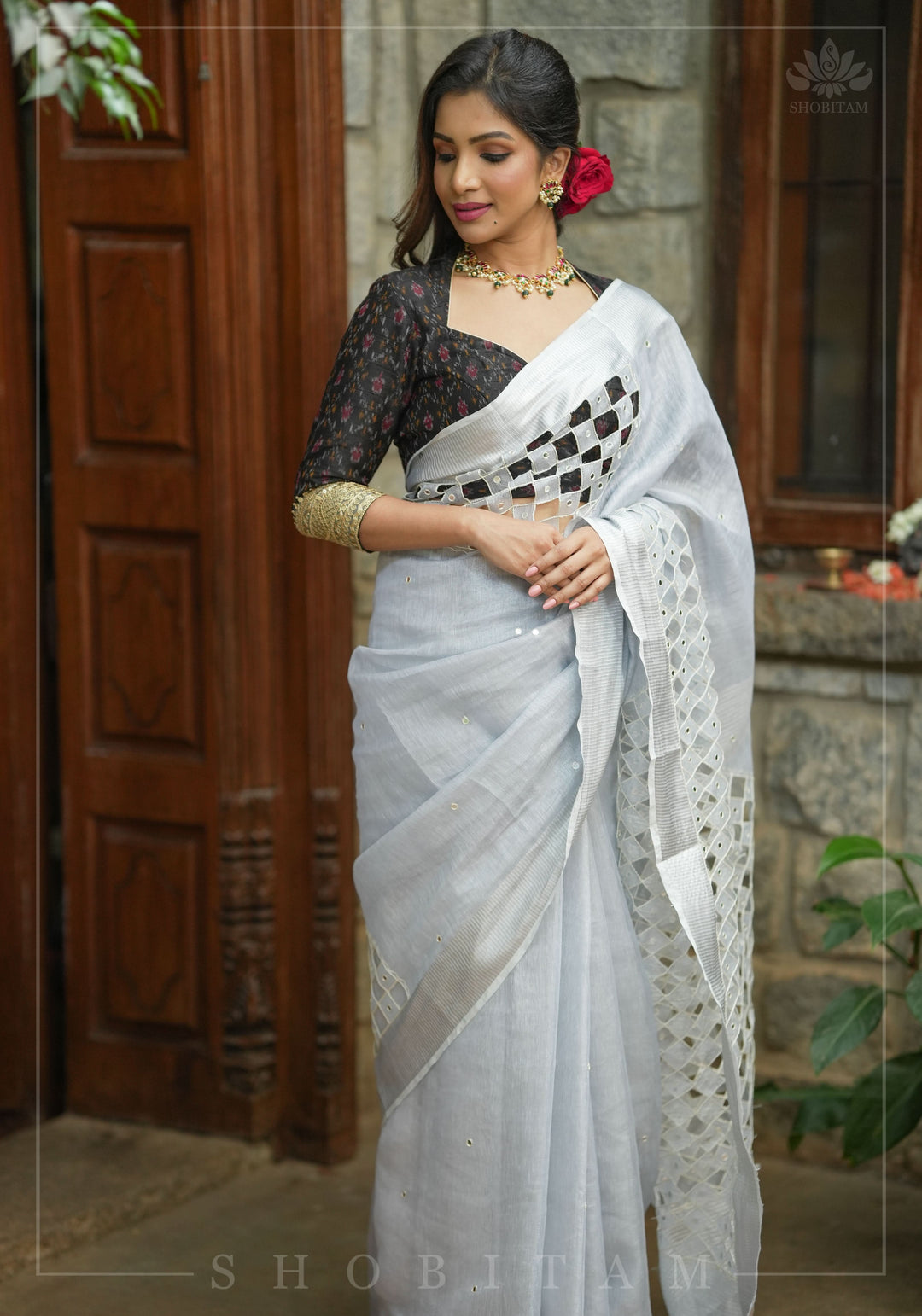 Silver Cutwork and Mirror Work Tissue Linen Saree in White Silver