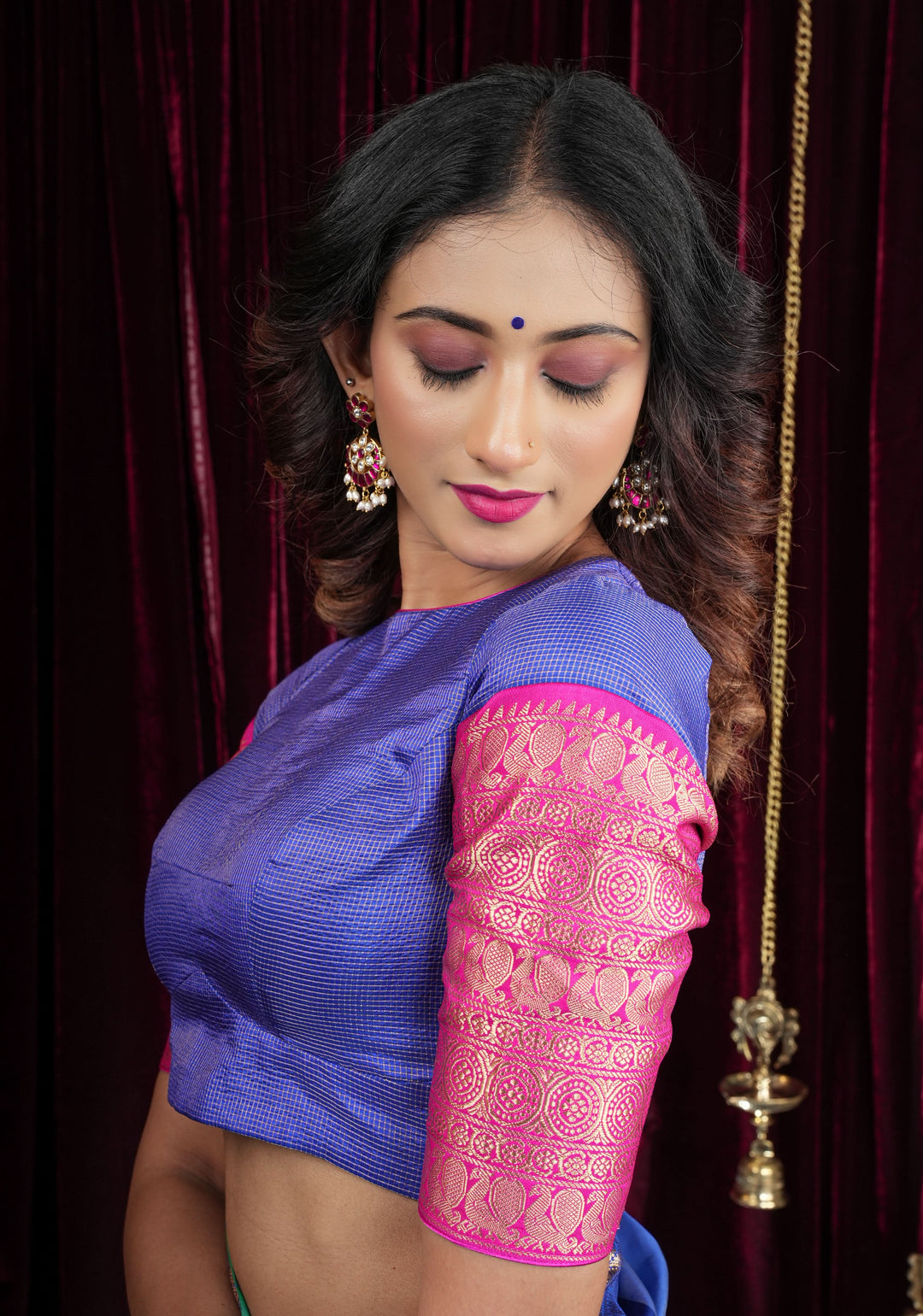 Blue Pure Kanjivaram Silk with Zari checks Blouse with crew neck and stylish  back cutout design,  Made to Order