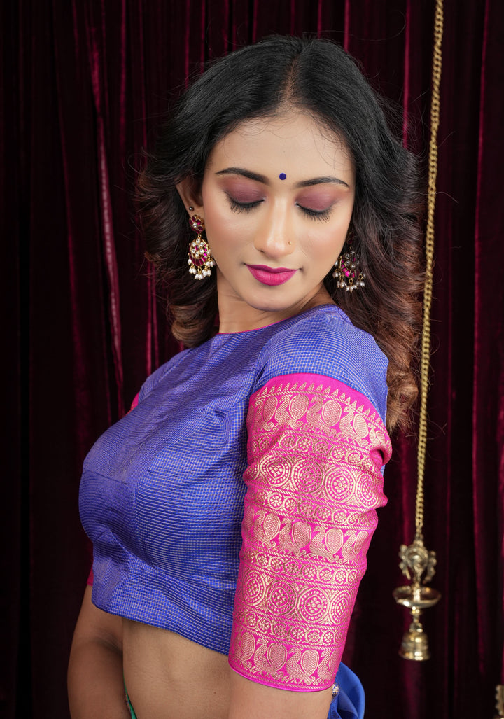 Blue Pure Kanjivaram Silk with Zari checks Blouse with crew neck and stylish  back cutout design,  Made to Order