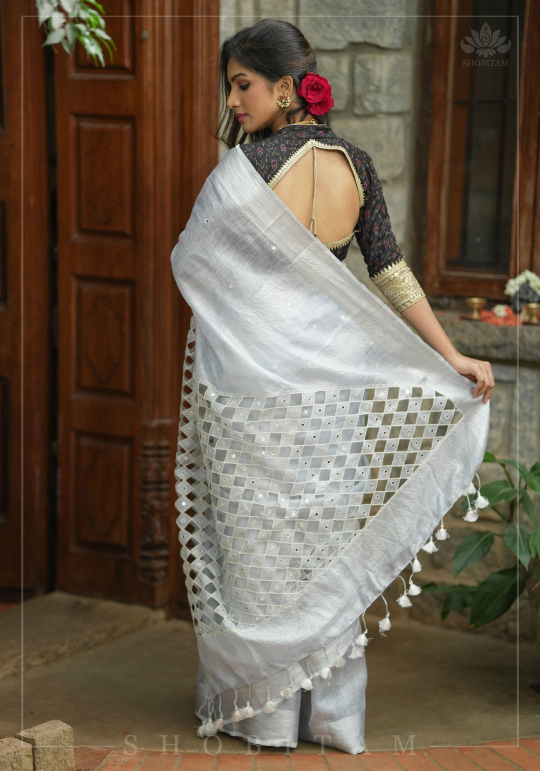 Silver Cutwork and Mirror Work Tissue Linen Saree in White Silver