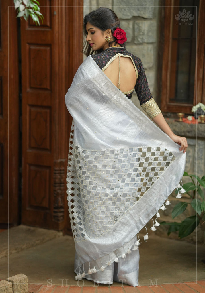 Silver Cutwork and Mirror Work Tissue Linen Saree in White Silver