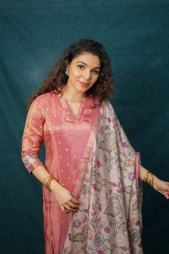 Charita Rust Pink Chanderi Kurta with Kalamkari Dupatta | SHOBITAM