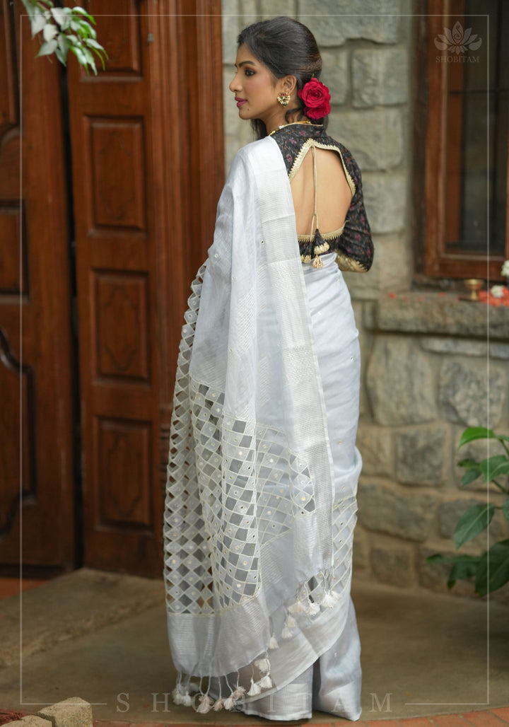 Silver Cutwork and Mirror Work Tissue Linen Saree in White Silver