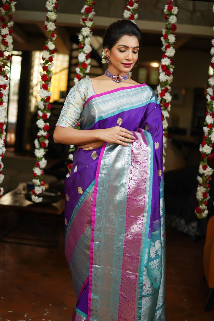 Muggu Design Meenakari Gadwal Silk Saree in Purple with Two Tone  Border | SILK MARK CERTIFIED