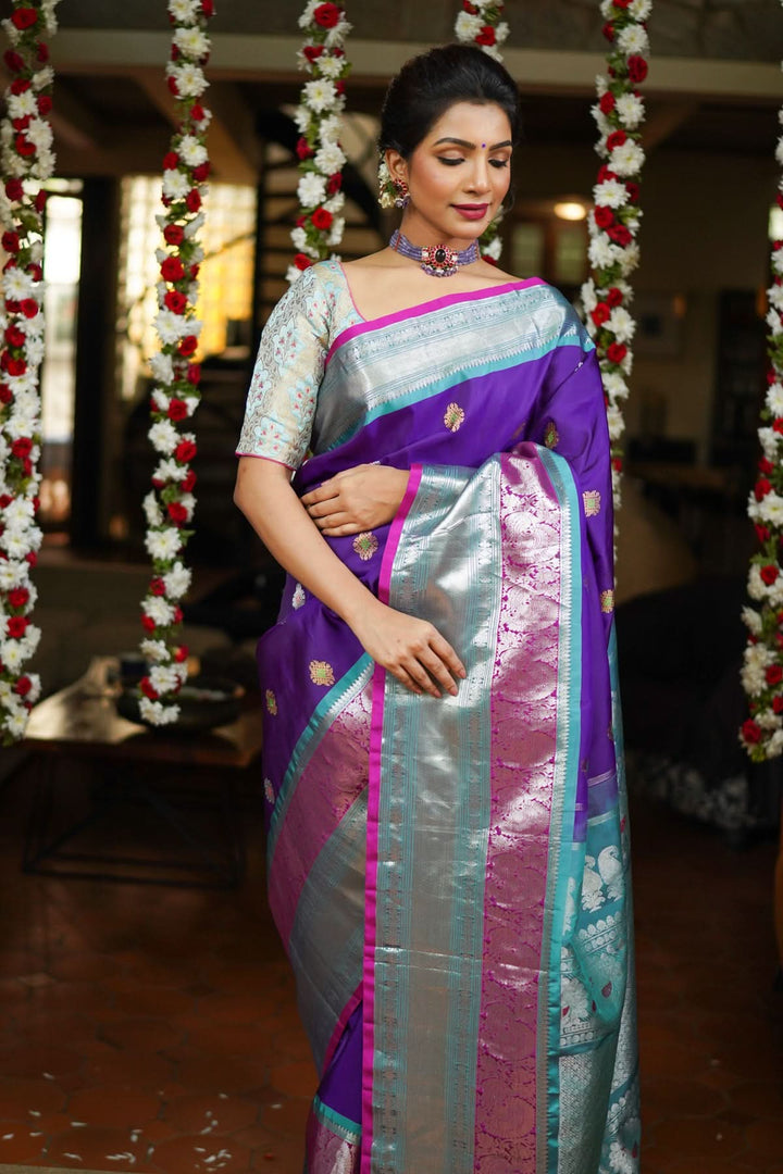 Muggu Design Meenakari Gadwal Silk Saree in Purple with Two Tone  Border | SILK MARK CERTIFIED