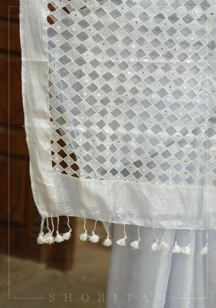 Silver Cutwork and Mirror Work Tissue Linen Saree in White Silver