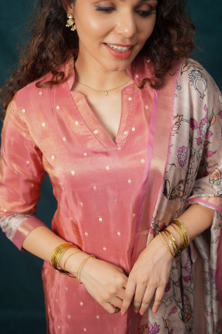 Charita Rust Pink Chanderi Kurta with Kalamkari Dupatta | SHOBITAM