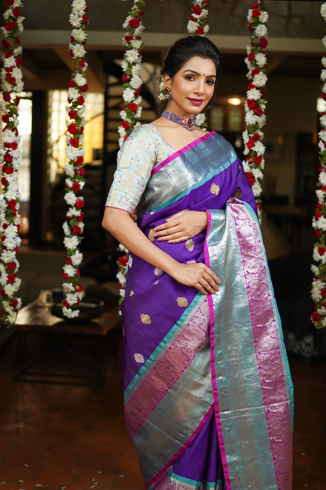 Muggu Design Meenakari Gadwal Silk Saree in Purple with Two Tone  Border | SILK MARK CERTIFIED