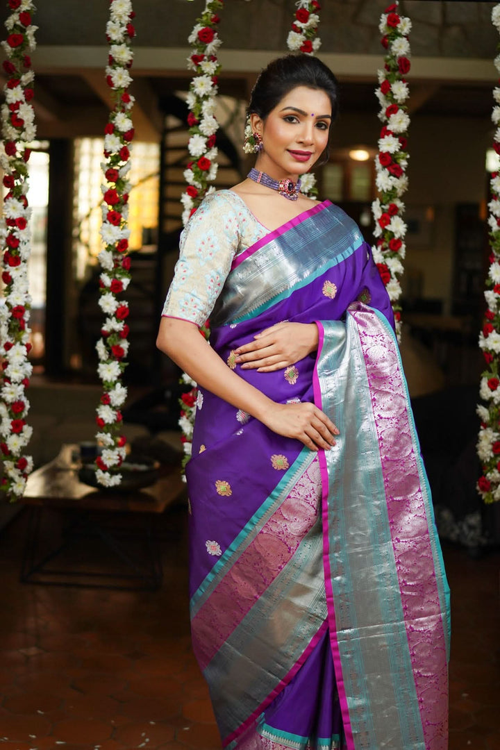 Muggu Design Meenakari Gadwal Silk Saree in Purple with Two Tone  Border | SILK MARK CERTIFIED