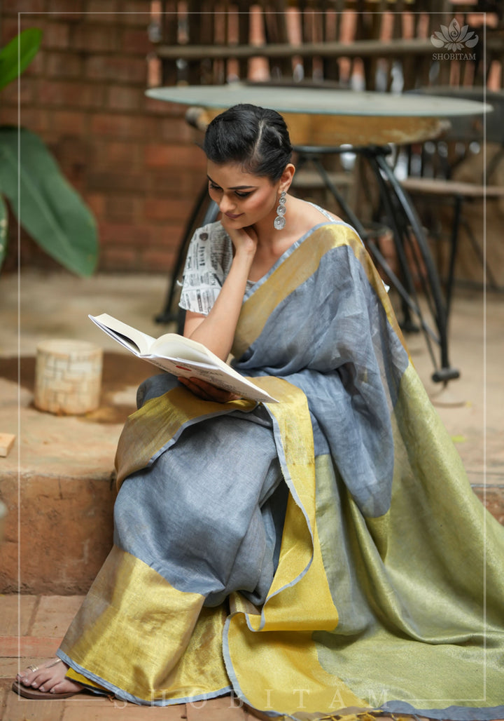 Gray Linen Saree with Wide Border