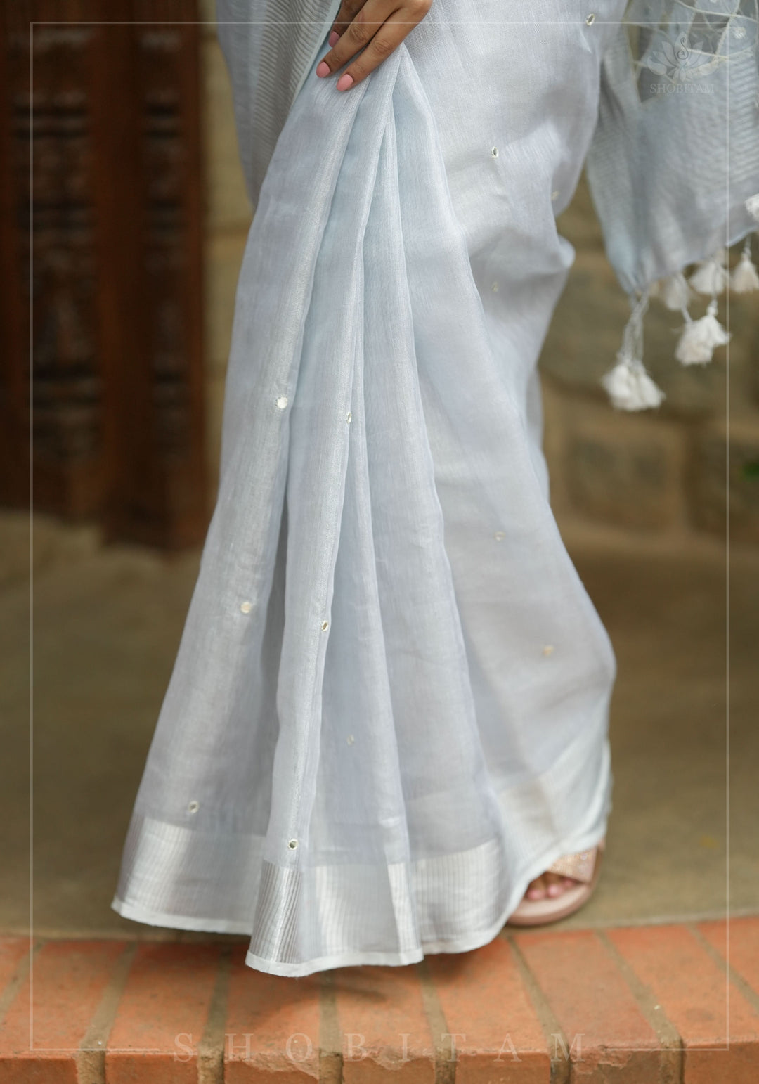 Silver Cutwork and Mirror Work Tissue Linen Saree in White Silver