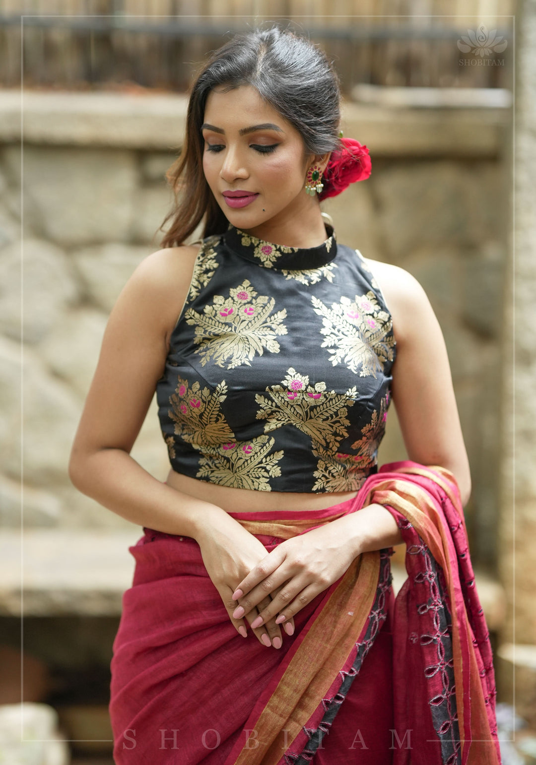 Chudi Design- Linen by Linen Cutwork and Mirrorwork Saree in Deep Red