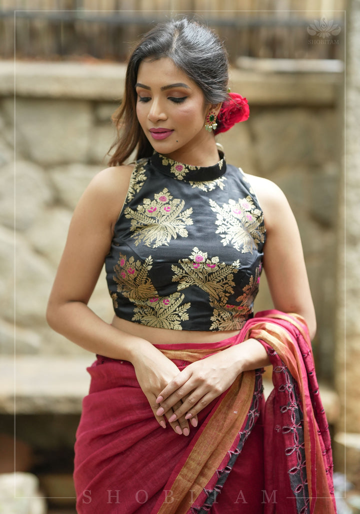 Chudi Design- Linen by Linen Cutwork and Mirrorwork Saree in Deep Red