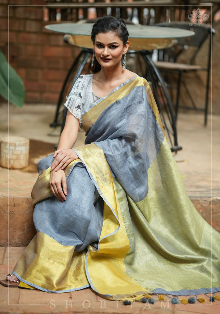 Gray Linen Saree with Wide Border