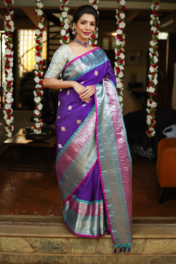 Muggu Design Meenakari Gadwal Silk Saree in Purple with Two Tone  Border | SILK MARK CERTIFIED