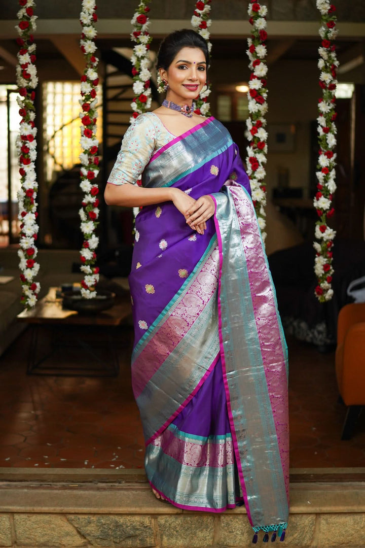 Muggu Design Meenakari Gadwal Silk Saree in Purple with Two Tone  Border | SILK MARK CERTIFIED