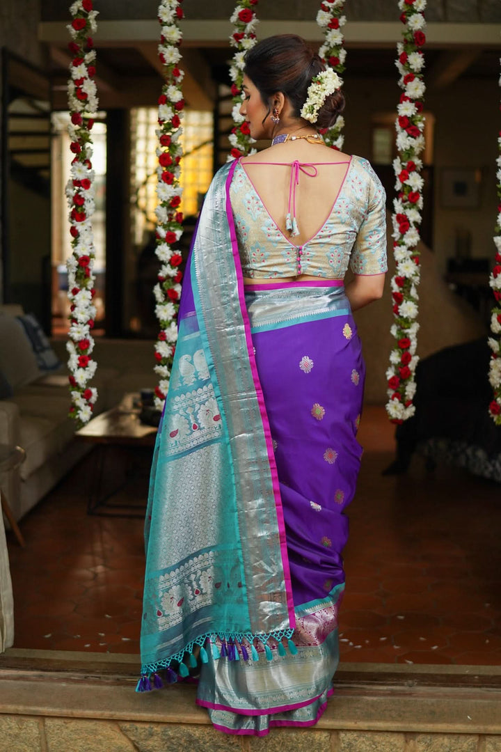 Muggu Design Meenakari Gadwal Silk Saree in Purple with Two Tone  Border | SILK MARK CERTIFIED
