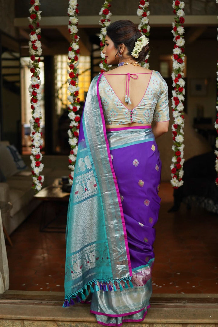 Muggu Design Meenakari Gadwal Silk Saree in Purple with Two Tone  Border | SILK MARK CERTIFIED