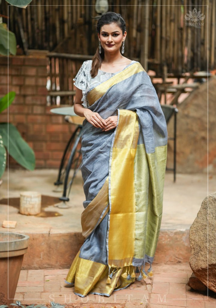 Gray Linen Saree with Wide Border