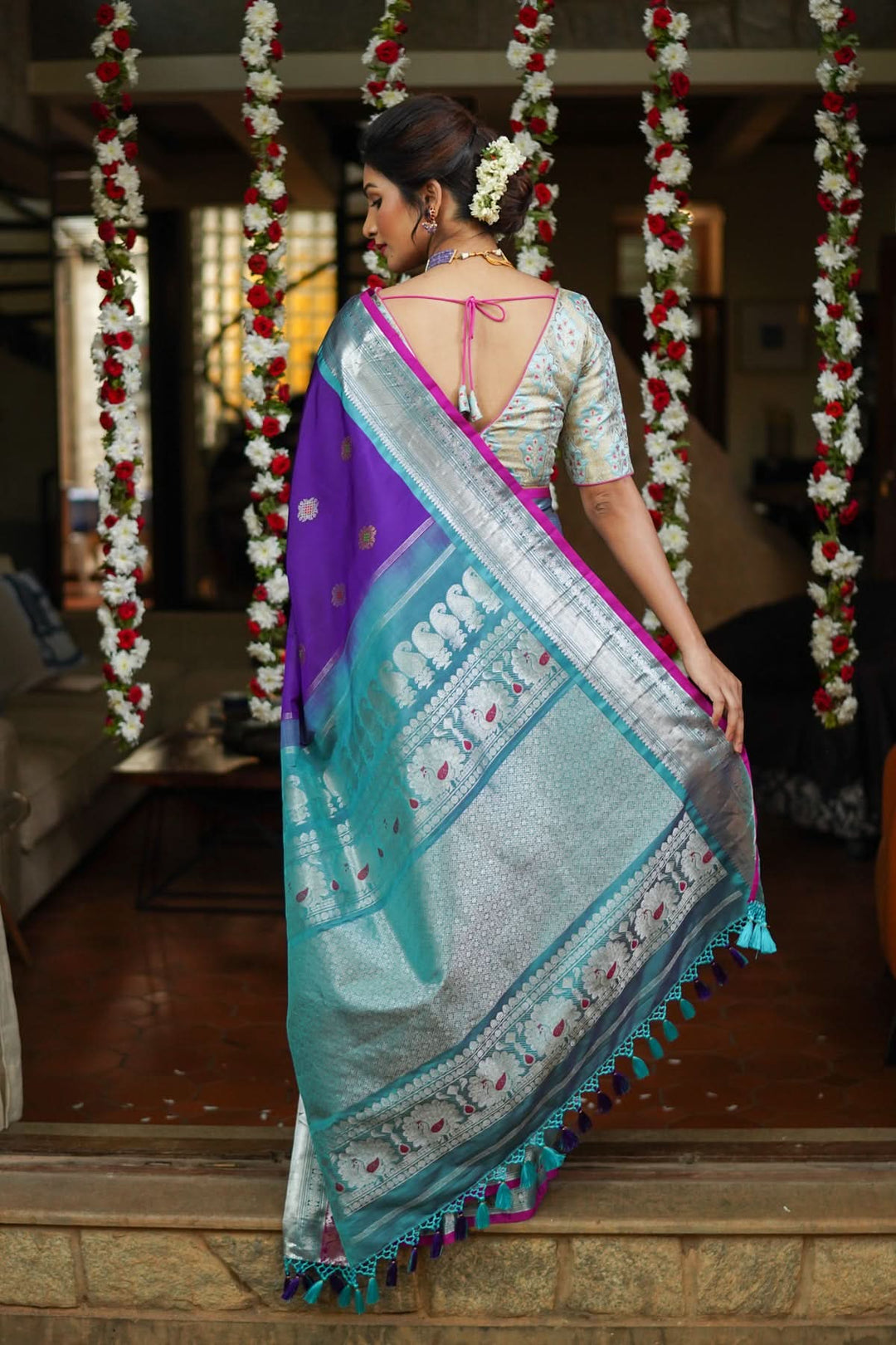 Muggu Design Meenakari Gadwal Silk Saree in Purple with Two Tone  Border | SILK MARK CERTIFIED
