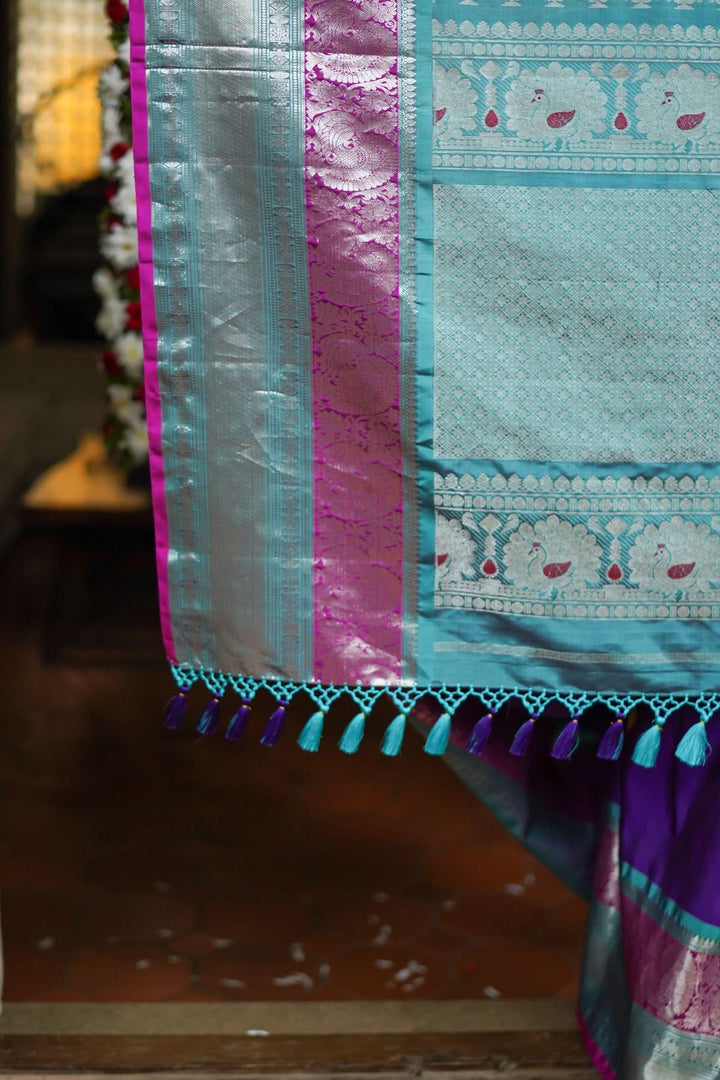 Muggu Design Meenakari Gadwal Silk Saree in Purple with Two Tone  Border | SILK MARK CERTIFIED