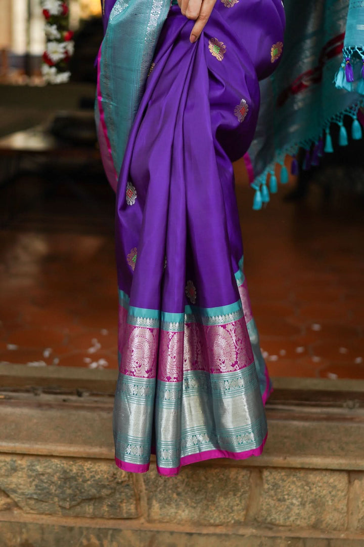 Muggu Design Meenakari Gadwal Silk Saree in Purple with Two Tone  Border | SILK MARK CERTIFIED