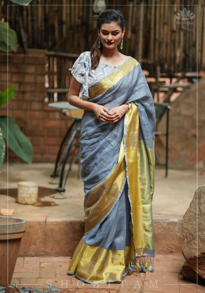 Gray Linen Saree with Wide Border