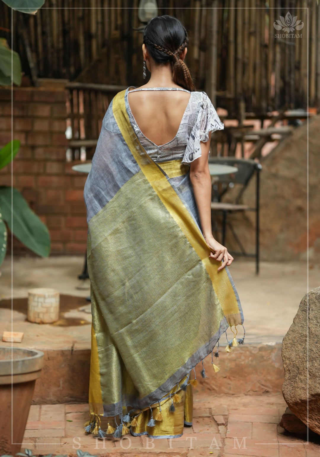 Gray Linen Saree with Wide Border