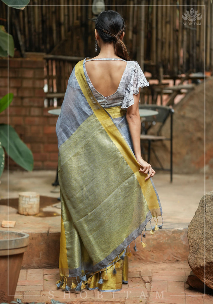 Gray Linen Saree with Wide Border