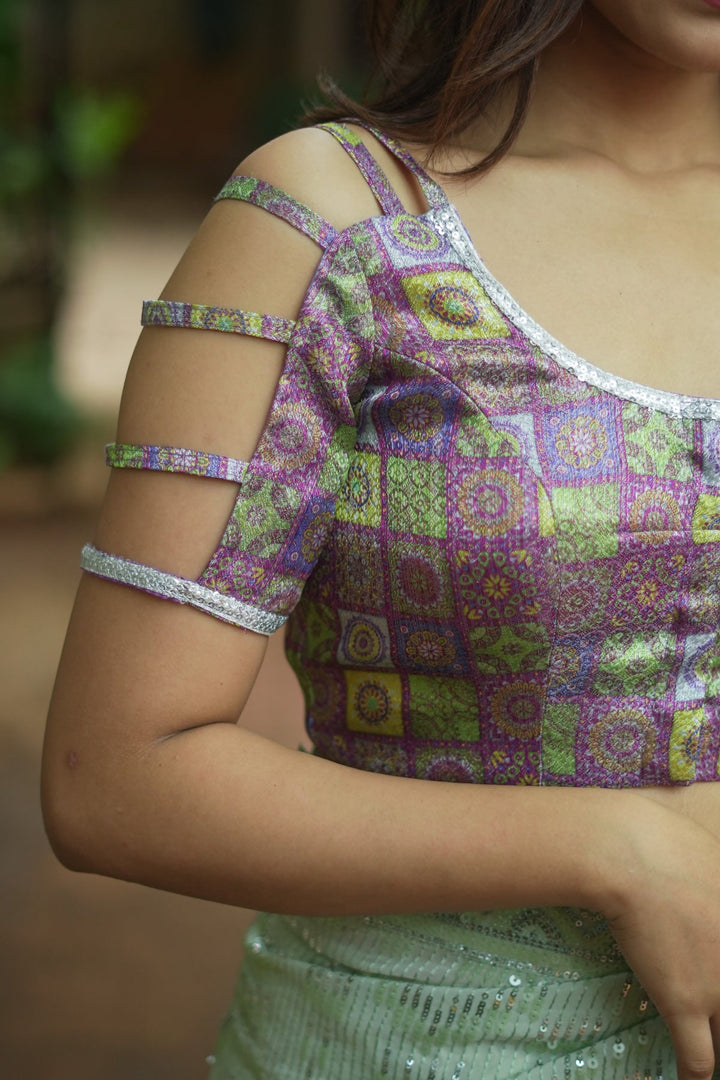 Multicolor Printed Blouse on Lavender Base with multi-strapped sleeves