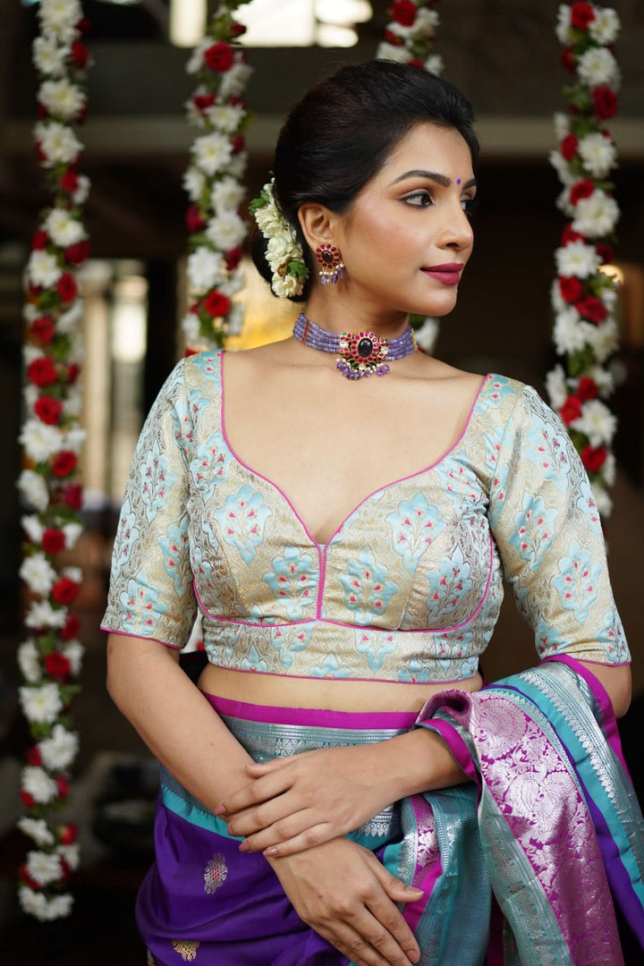 Heather Blue Meenakari  Silk Blouse  Mix and Match Blouse for saree, Made to Order