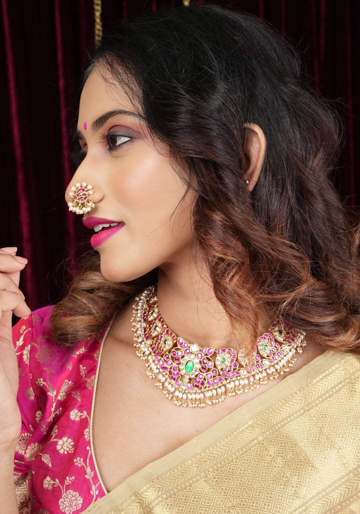 Jadau Kundan Clip or  nose pin with white dangling beads | Shobitam Jewelry