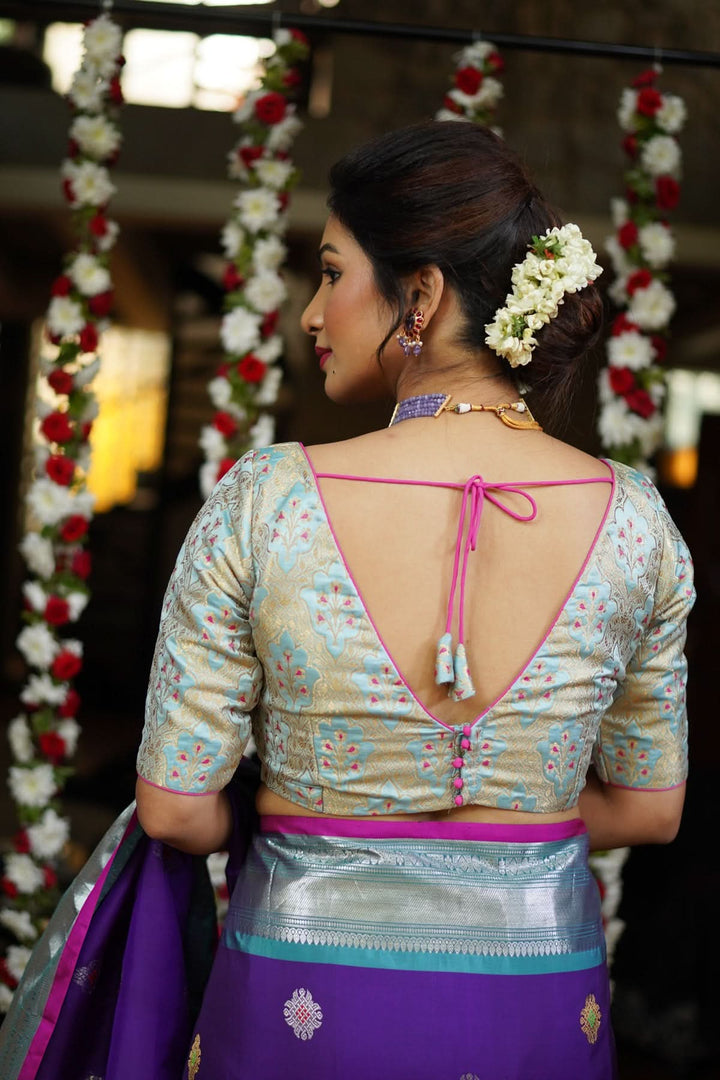 Heather Blue Meenakari  Silk Blouse  Mix and Match Blouse for saree, Made to Order