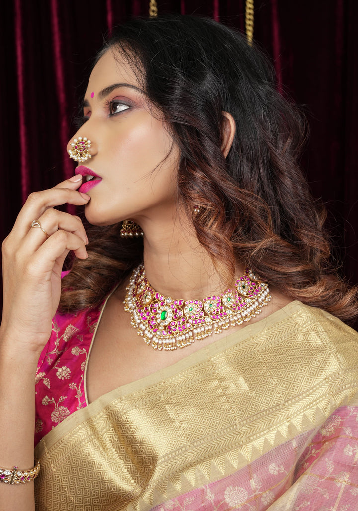 Jadau Kundan Clip or  nose pin with white dangling beads | Shobitam Jewelry