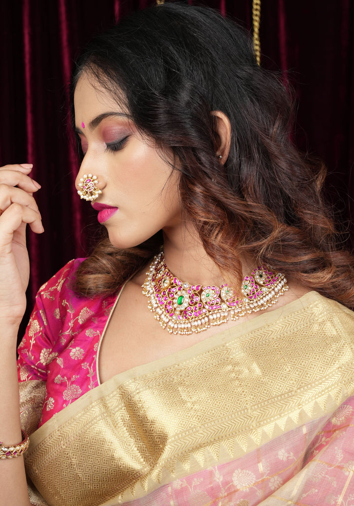 Jadau Kundan Clip or  nose pin with white dangling beads | Shobitam Jewelry